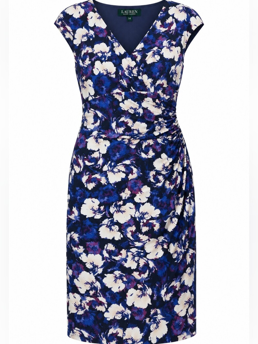LAUREN RALPH LAUREN | Navy Abstract Floral Faux Wrap Cap Sleeve Midi Dress | 14